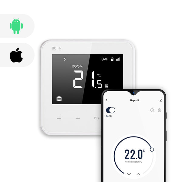 Programmable Thermostat, 801 via WiFi with mobile phone app. White.