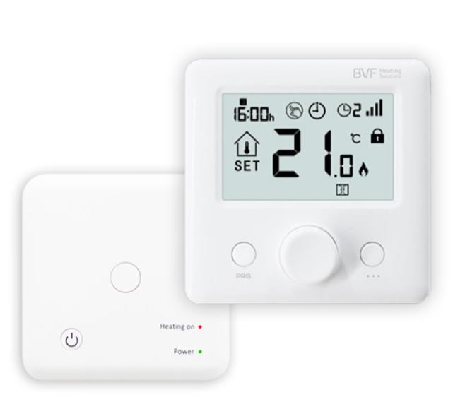 Programmable Radio Frequency Room Thermostat 2 piece, battery op thermostat and receiver.-UK Infrared Heating Company